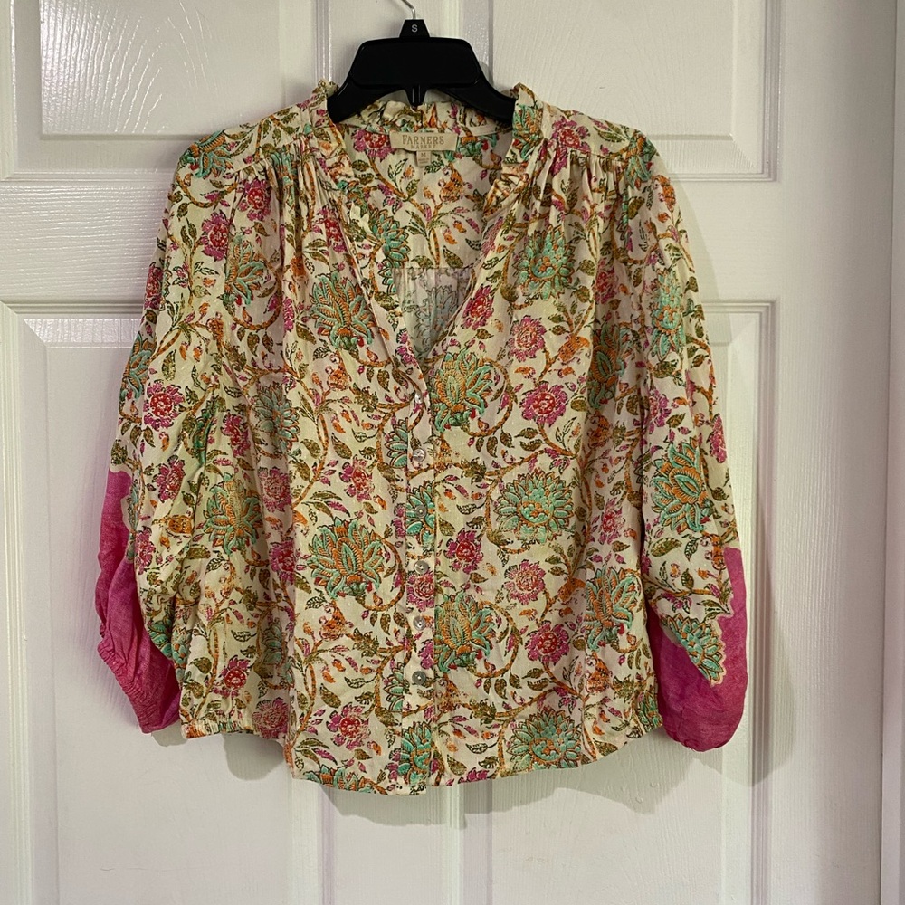 Farmers Market Floral Balloon Sleeve Blouse Ivory Pink M Rayon Boxy Oversized